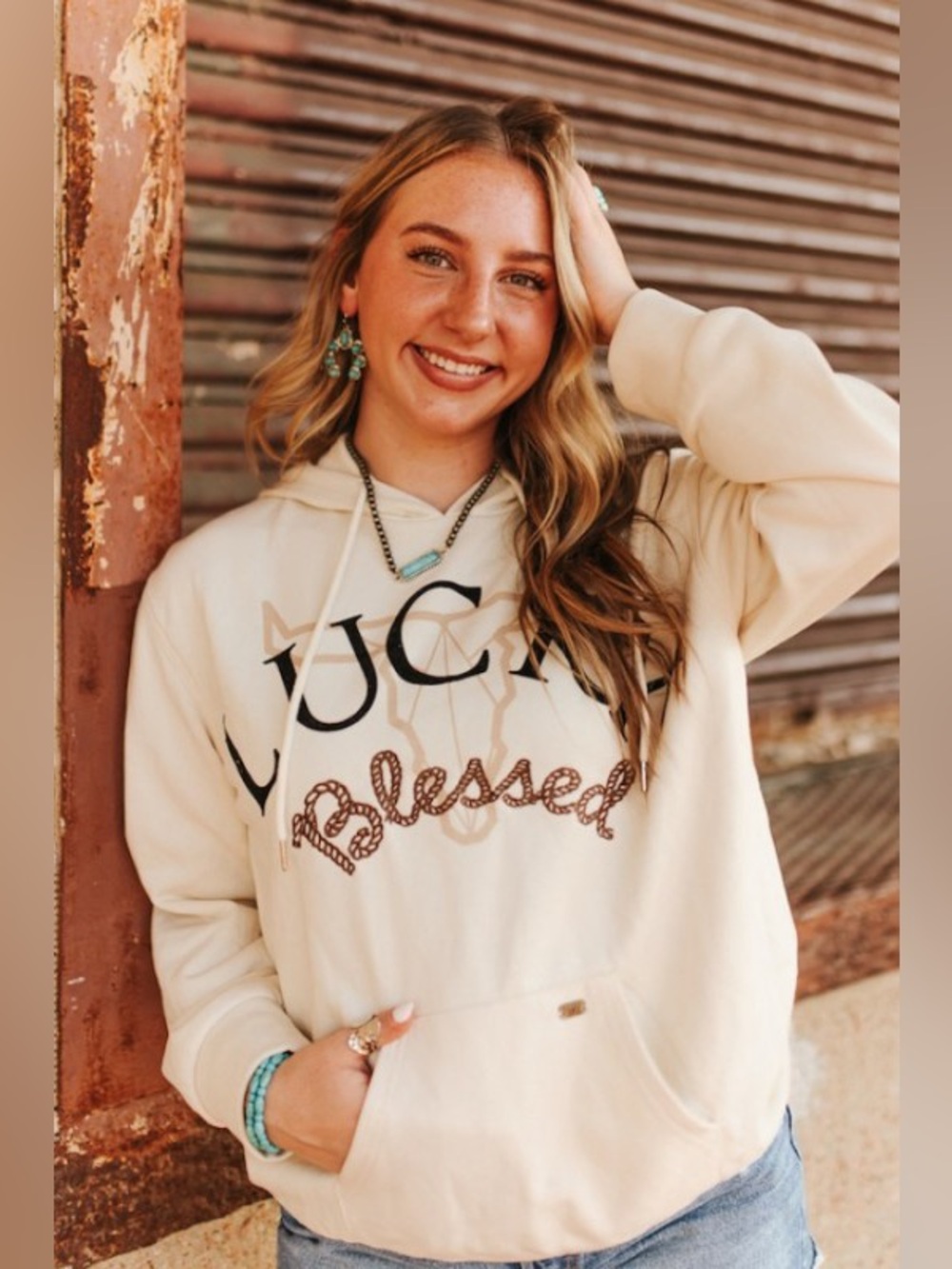 Lucky & Blessed Cream Lucky & Blessed Printed Drawstring Hoodie